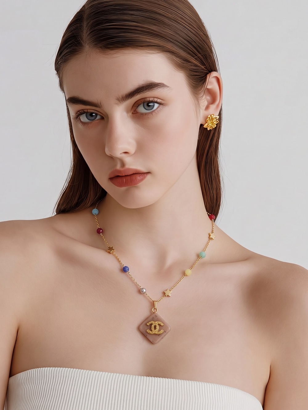 Fashion Jewelry Gold-Tone Multicolor Bead Necklace with Pink Pendant